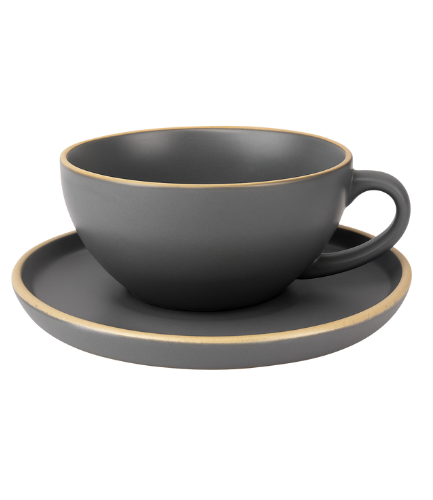 Bean Bliss 250ml Barista Friendly Stone Grey Stoneware Cappuccino & Latte Cup with Saucer – Microwave & Dishwasher Safe, Lead-Free – Set for Coffee Shop, Home, Office, Cafes, Restaurants