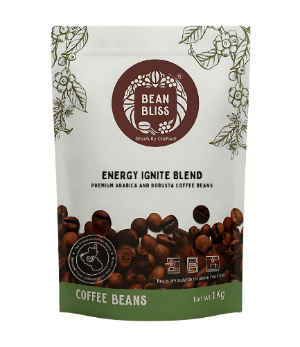 Bean Bliss Energy Ignite Coffee Blend – Premium Whole Roasted Coffee Beans – High-Caffeine Arabica & Robusta Mix – Bold, Smooth Flavor – Fresh Gourmet Roast – 1kg Bag